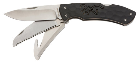 Browning Primal Kodiak Slim Multi-Blade Folding Knife 3.75" 8Cr13MoV SS Drop Point Gut Hook Saw Nylon Belt Pouch