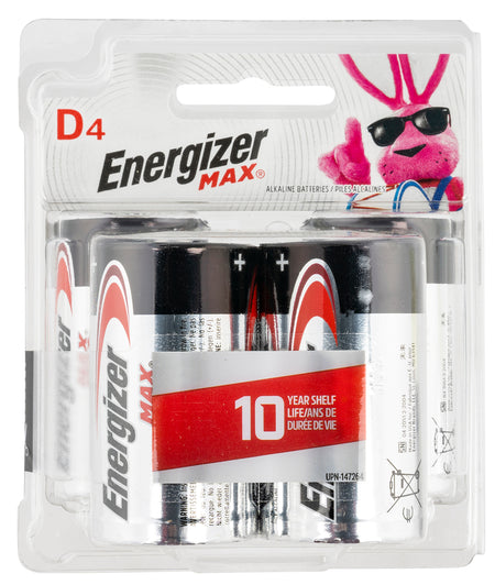 Energizer E95BP4 D 1.5V Alkaline Max Batteries Pack of 4