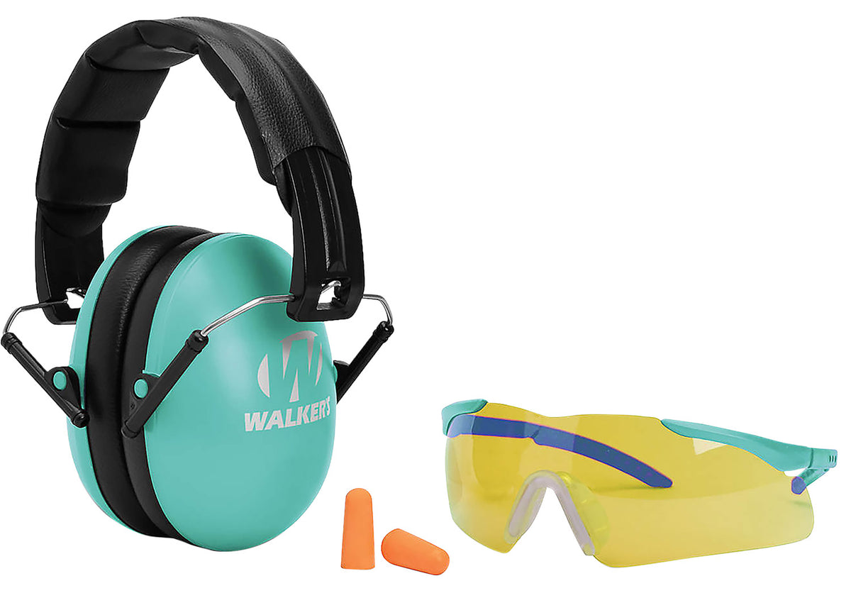 Walker's GWPYWFM2GFPLTL 23 dB Folding Muff Black Teal Combo Kit Glasses Ear Plugs Youth Women