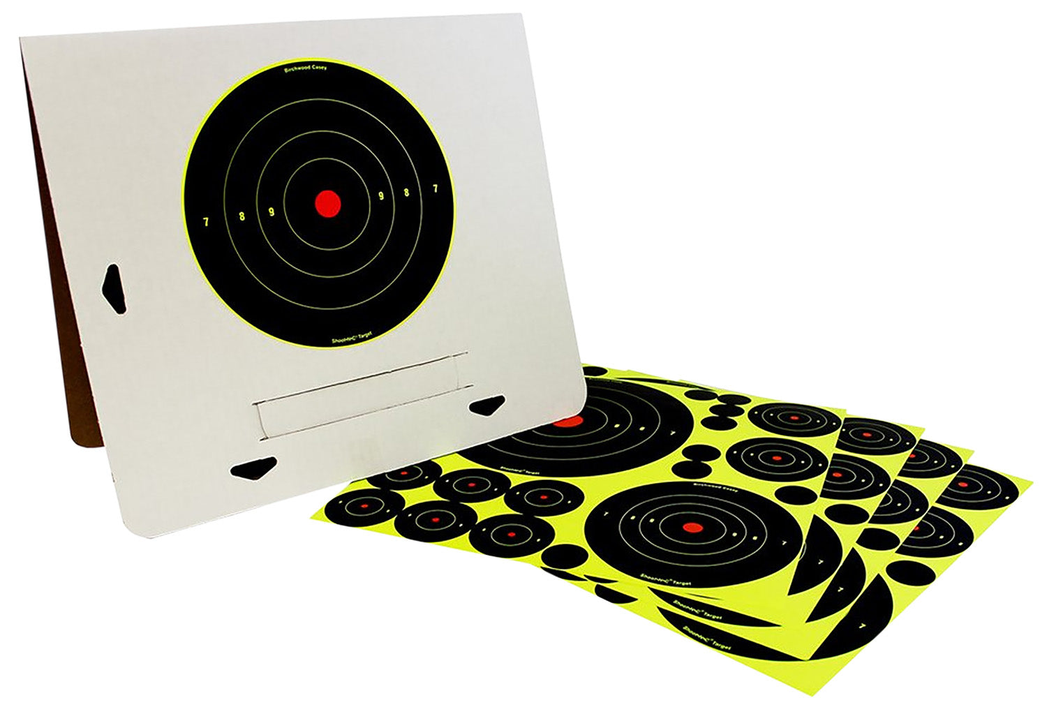 Birchwood Casey 34208 Shoot-N-C Self-Adhesive Reactive Bullseye Variety Pack Black/Yellow 4 Pack with Stand