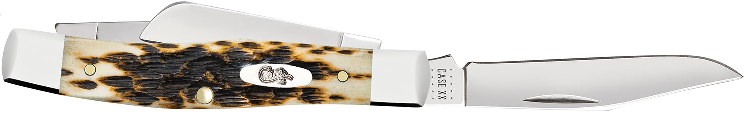 Case 00079 Medium Stockman 2.57"/1.88"/1.76" Folding Clip/Sheepsfoot/Pen CV Steel Blades Mirror Polished, Jigged Amber Bone Handle