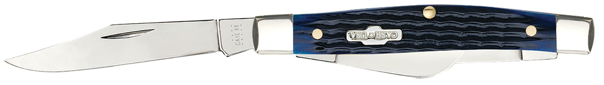 Case 02806 Medium Stockman 2.42"/1.58"/1.57" Folding Clip/Sheepsfoot/Pen Mirror Polished SS Blades, Rogers Corn Cob Jigged Blue Bone Handle