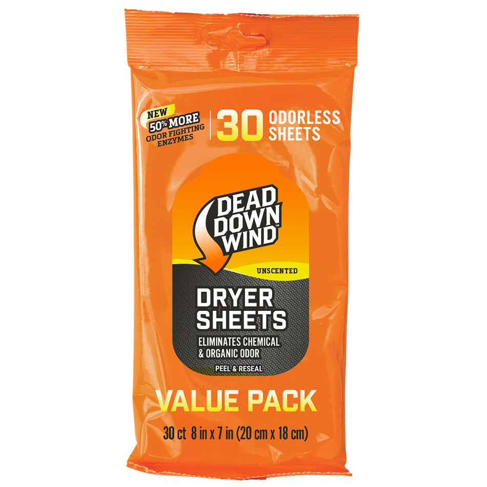 Dead Down Wind 113019 Unscented Anti-Static Odor Eliminating Dryer Sheets 30ct
