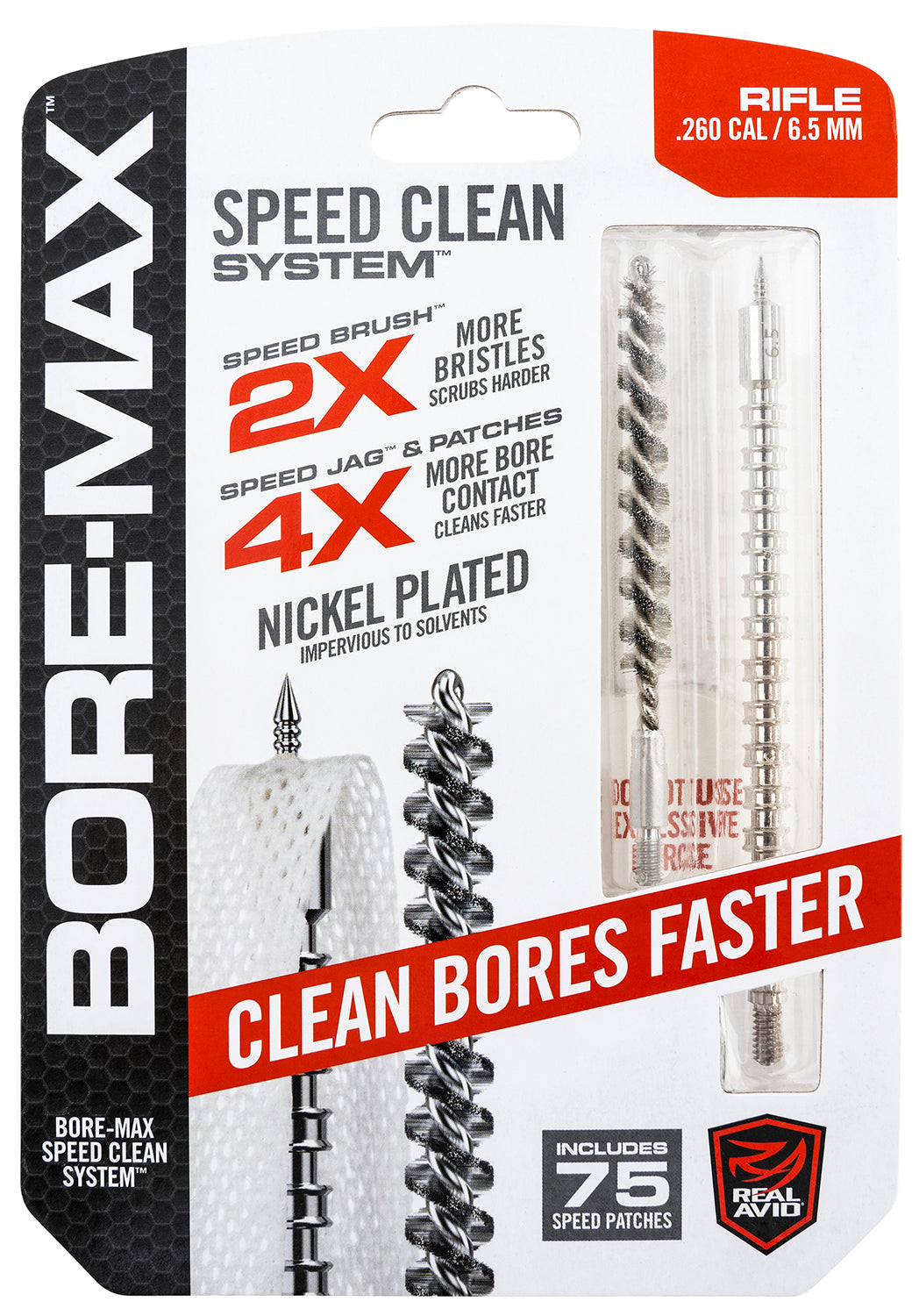 Real Avid Bore-Max Speed Clean Kit 6.5mm Rifle Nickel-Plated Bristles and Jag