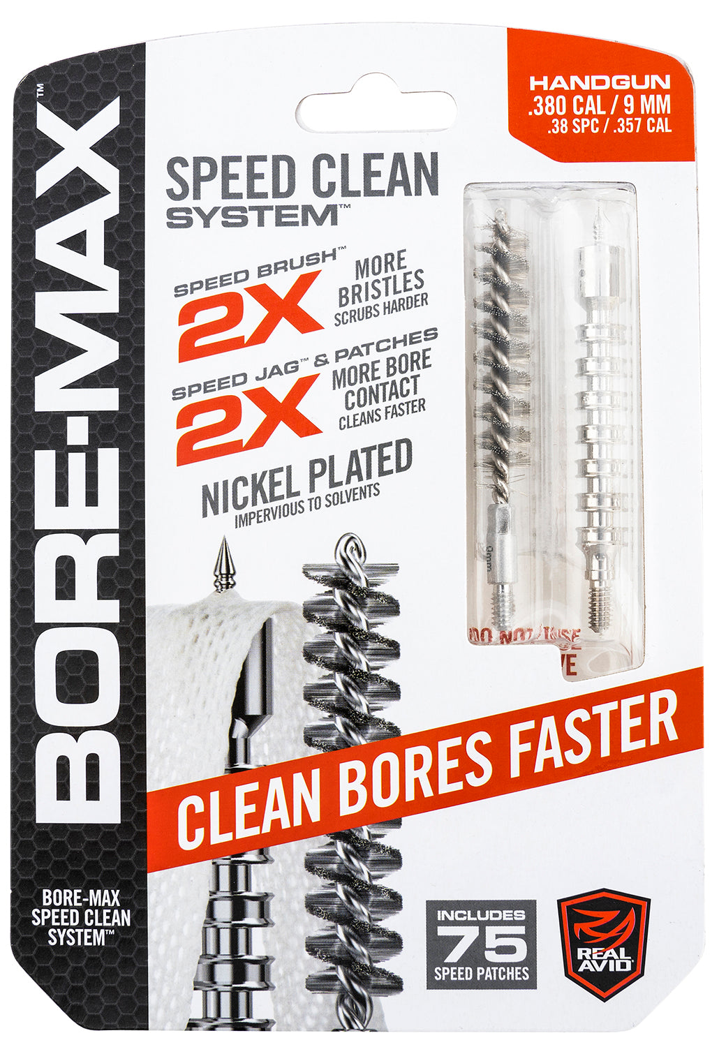 Real Avid Bore-Max Speed Clean Kit 9mm Pistol Nickel-Plated Bristles and Speed Jag