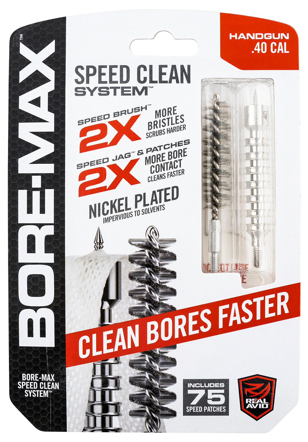 Real Avid Bore-Max Speed Clean Kit 40 Cal Pistol with Nickel-Plated Bristles and Jag