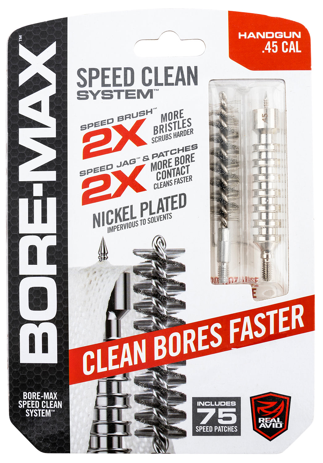 Real Avid Bore-Max Speed Clean Kit 45 Cal Pistol with Nickel-Plated Bristles and Jag