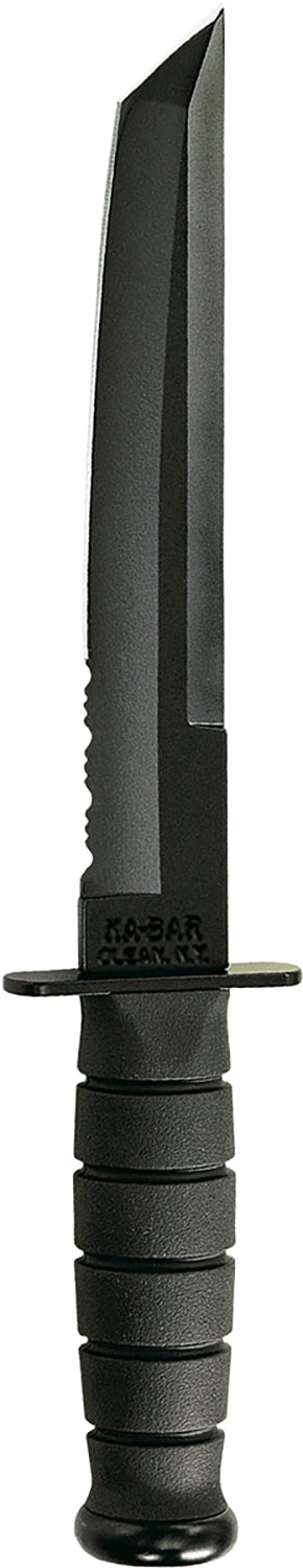 Ka-Bar 1245 Black Tanto Knife, 8" Part Serrated 1095 Cro-Van Fixed Blade, Black Kraton G Handle, Includes Sheath