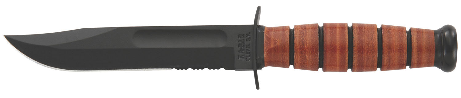 Ka-Bar 1252 5.25" USMC Short Fixed Blade, Part Serrated Black 1095 Cro-Van Steel, Brown Leather Handle, Sheath