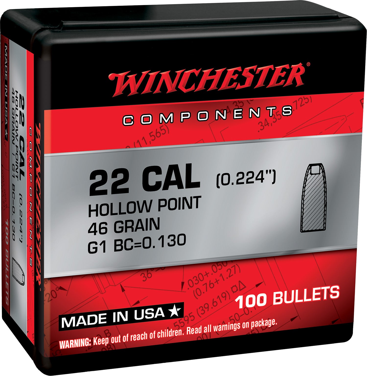Winchester WB22HP46X .22 Hornet 46gr HP Component Reloading Bullets 100 Per Box