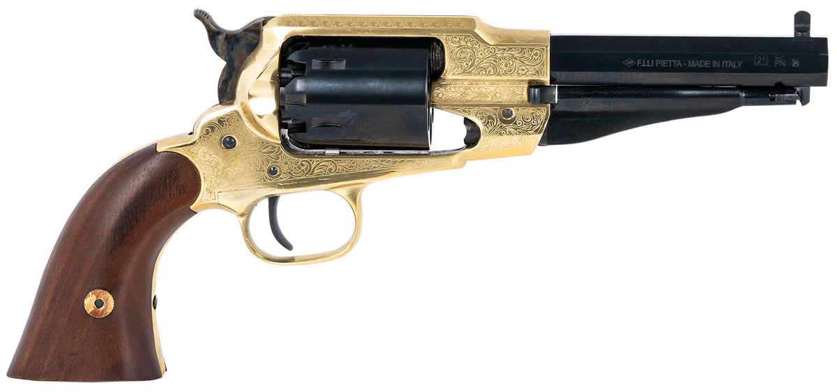 Pietta PF58BRE44512 1858 Sheriff 44 Cal 5.50" 6rd Brass Frame Engraved Brass Frame, Blued Engraved Cylinder, Blued Engraved Steel, Barrel Walnut Grip