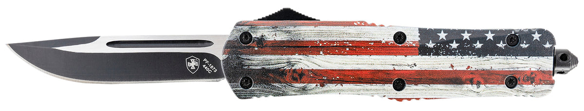 Templar Knife Gen II Wood US Flag Large 3.50" OTF Drop Point 440C Stainless Blade, Painted Aluminum Handle with Glass Breaker