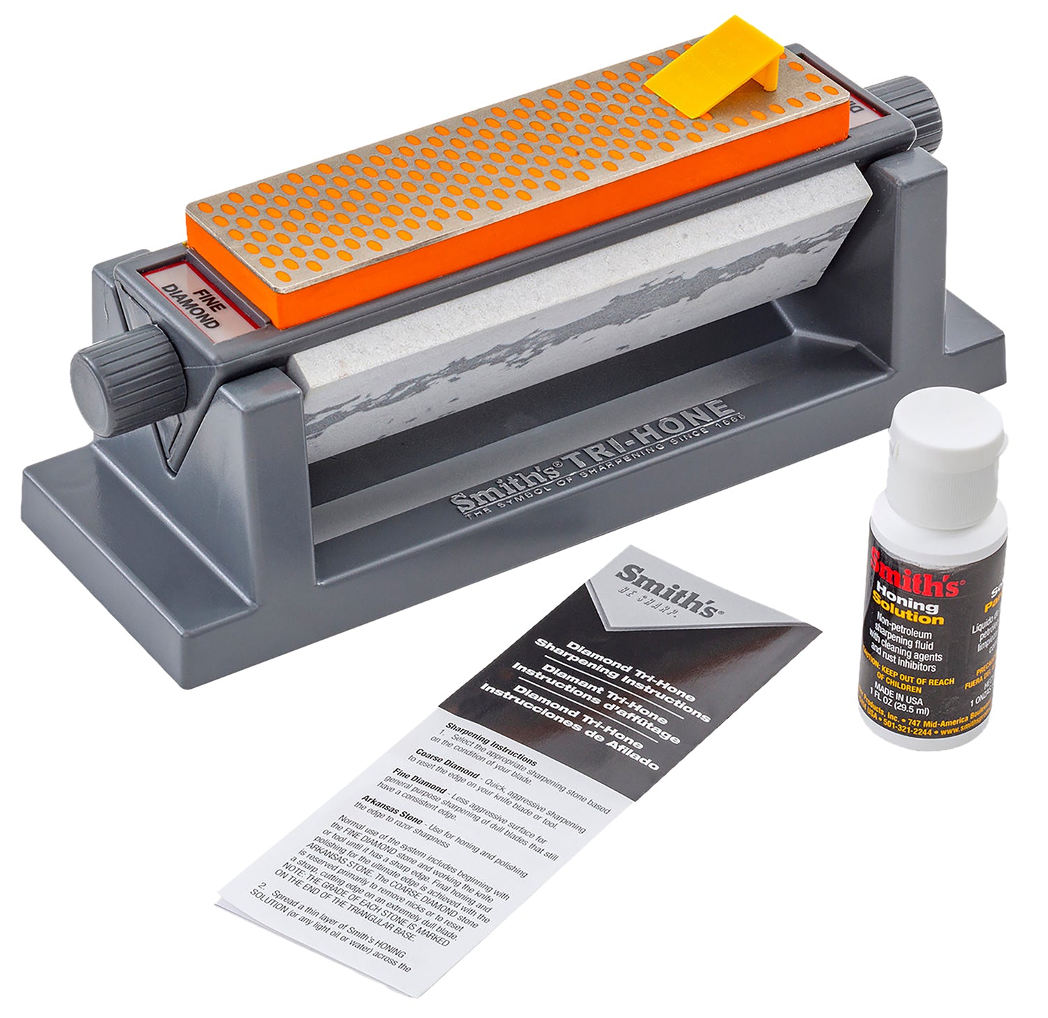 Smiths Products 6" Tri-Hone Diamond Sharpening System – Three Stone Rotating Base, Gray