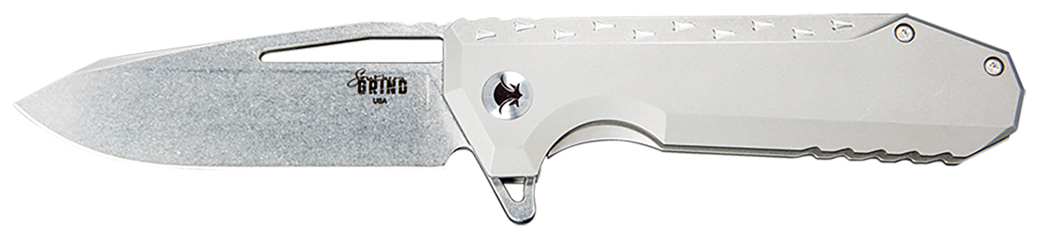 Southern Grind Penguin 3.5" Folding Drop Point CPM S90V Stonewashed Blade, Silver Titanium Frame Handle