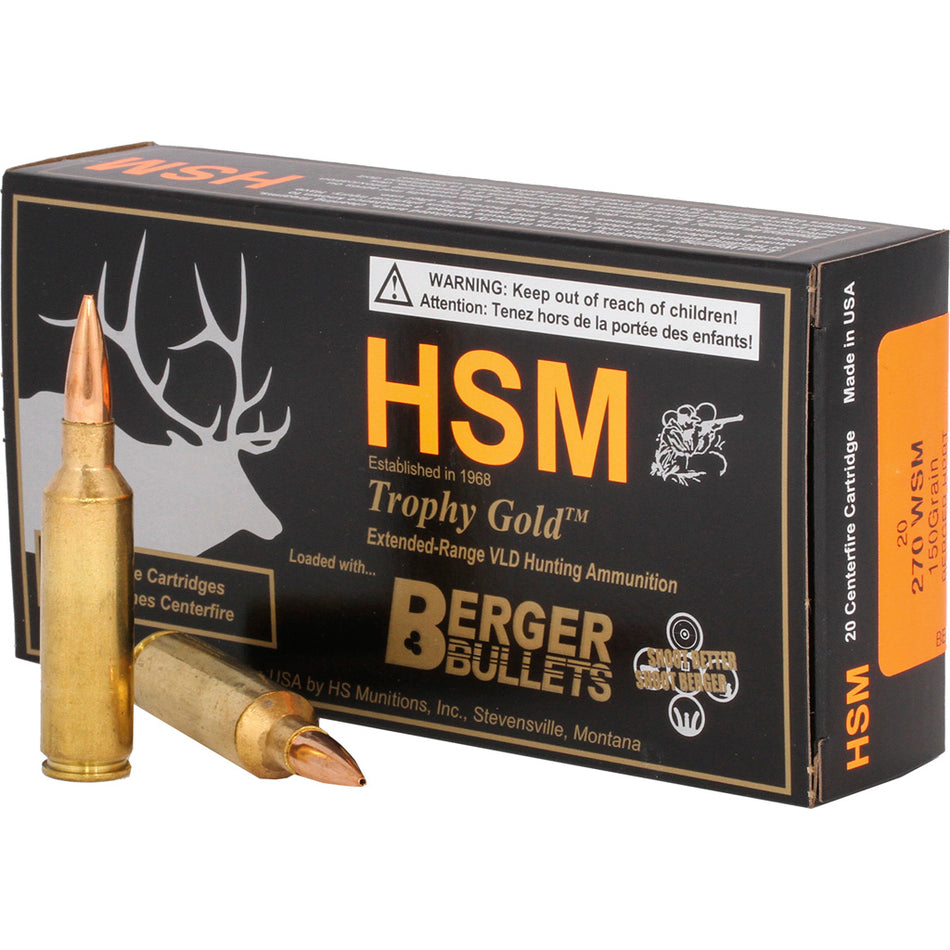 HSM .270 WSM Trophy Gold 150 grain Berger Hunting VLD Match ammunition