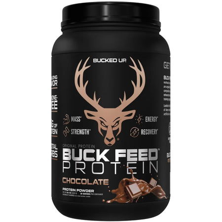 Bucked Up Buck Feed Chocolate Whey Protein 30 Serving Container