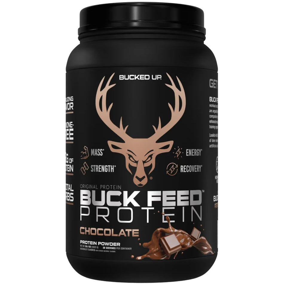 Bucked Up Buck Feed Chocolate Whey Protein 30 Serving Container