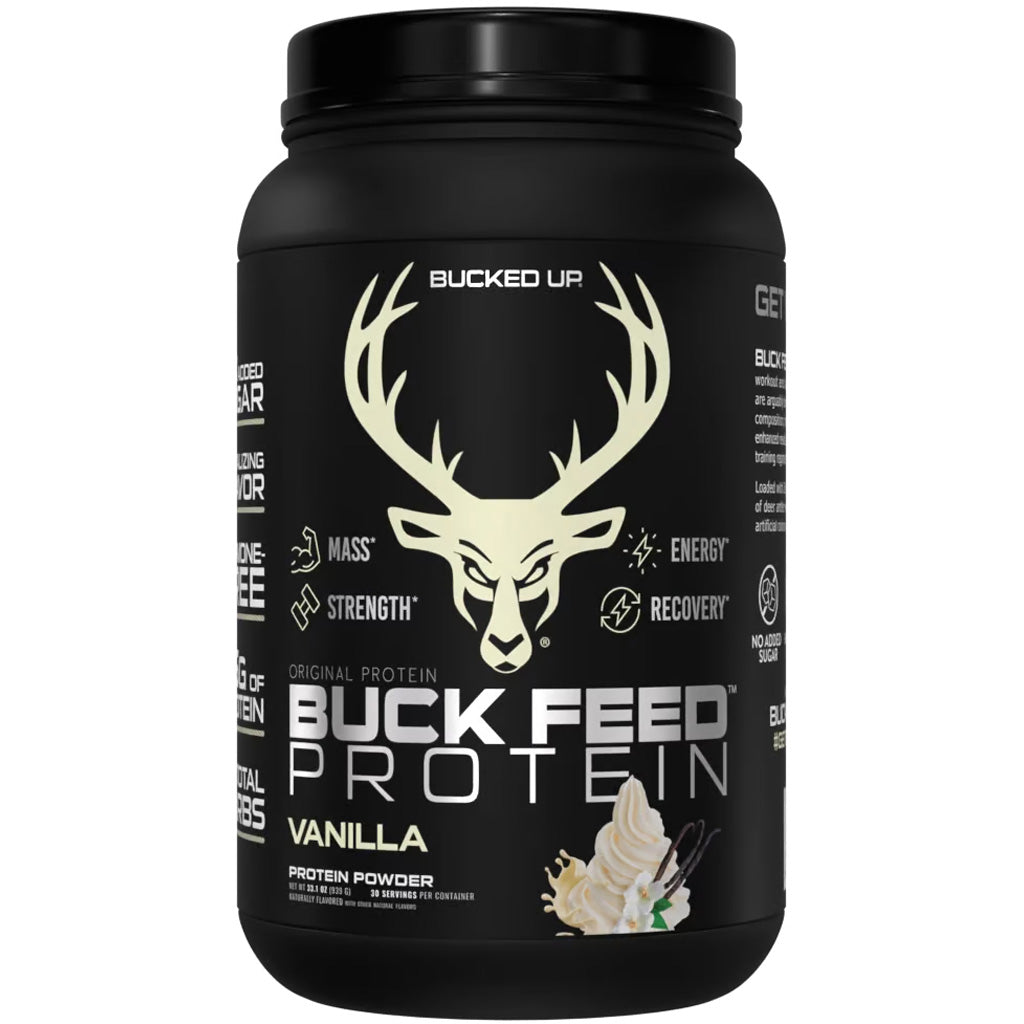 Bucked Up Buck Feed Vanilla Whey Protein 30 Serving Container