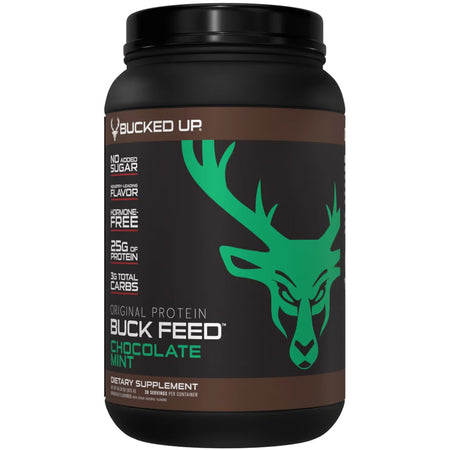 Bucked Up Buck Feed Chocolate Mint Whey Protein 30 Serving Container