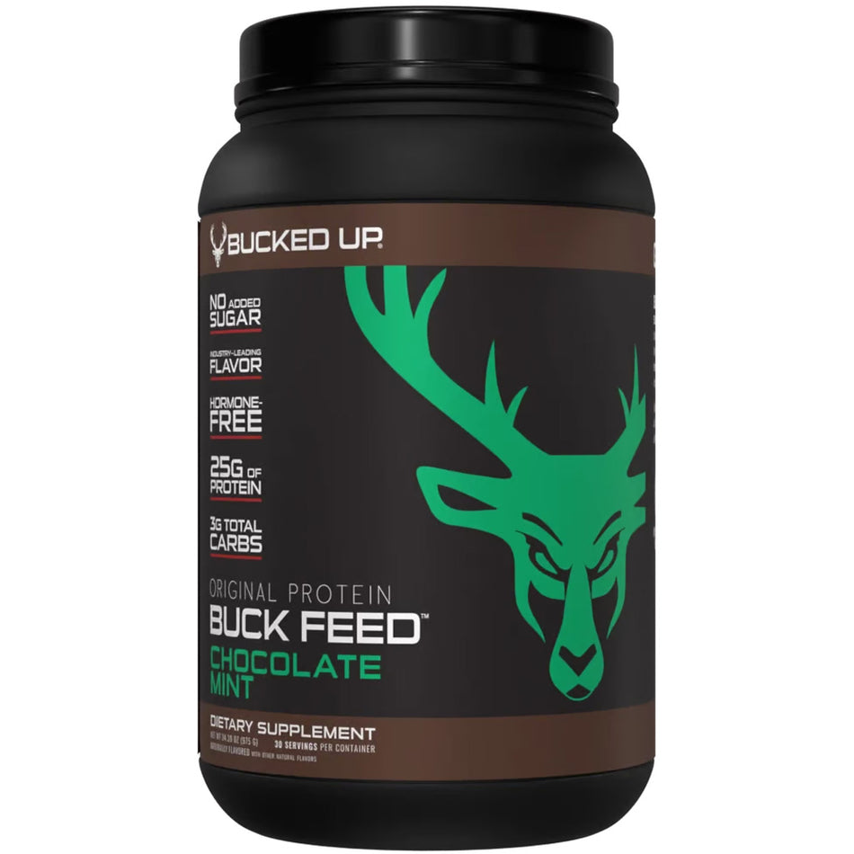 Bucked Up Buck Feed Chocolate Mint Whey Protein 30 Serving Container