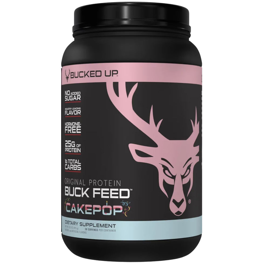Bucked Up Buck Feed Cake Pop Whey Protein 30 Serving Container