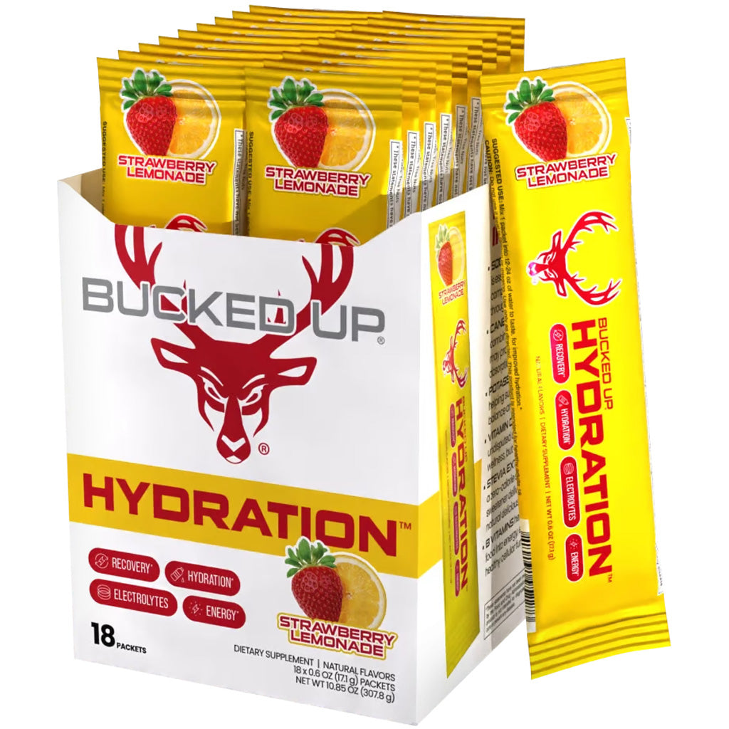 Bucked Up Hydration 2.0 Strawberry Flavor Electrolyte Sticks 18 Pack Box