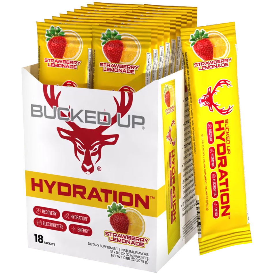 Bucked Up Hydration 2.0 Strawberry Flavor Electrolyte Sticks 18 Pack Box