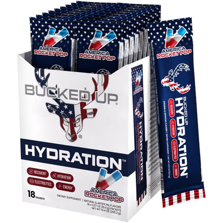 Bucked Up Hydration 2.0 Rocket Pop Flavor Electrolyte Sticks 18 Pack Box