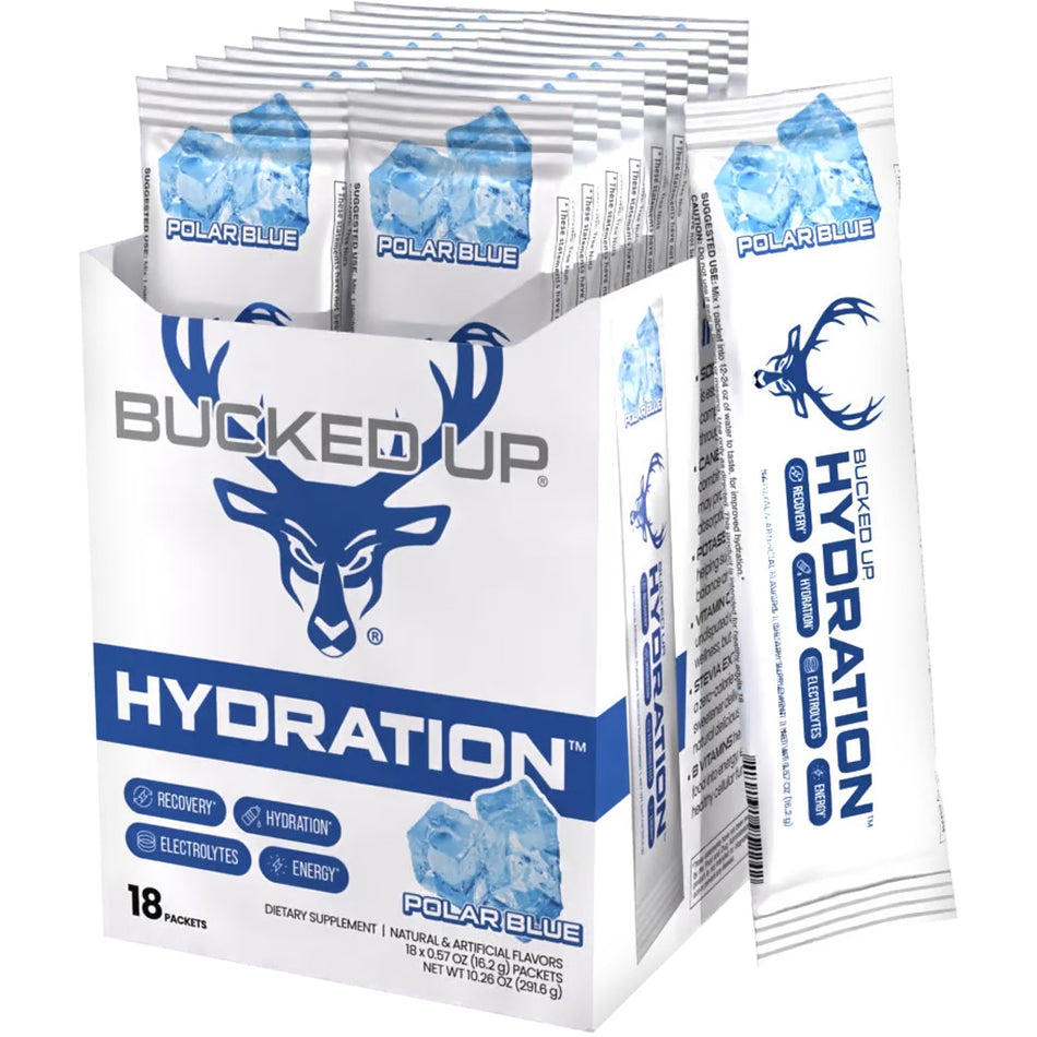 Bucked Up Hydration 2.0 Ice Blue Flavor Electrolyte Sticks 18 Pack Box