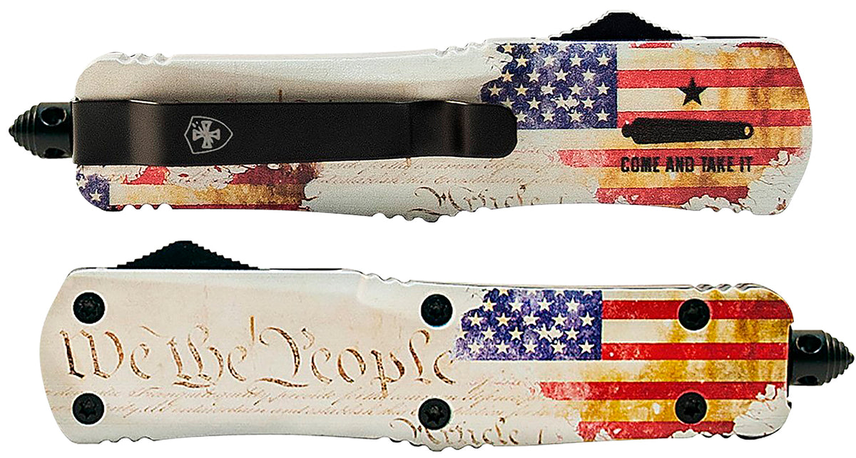 Templar Knife Gen II We The People Small 2.69" OTF Plain Dagger 440C Stainless Blade, White Aluminum Handle with Flag