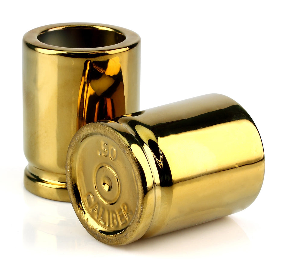 Caliber Gourmet CBGSG1002 Novelty 50 Caliber Gold Ceramic Shot Glass Set of 2