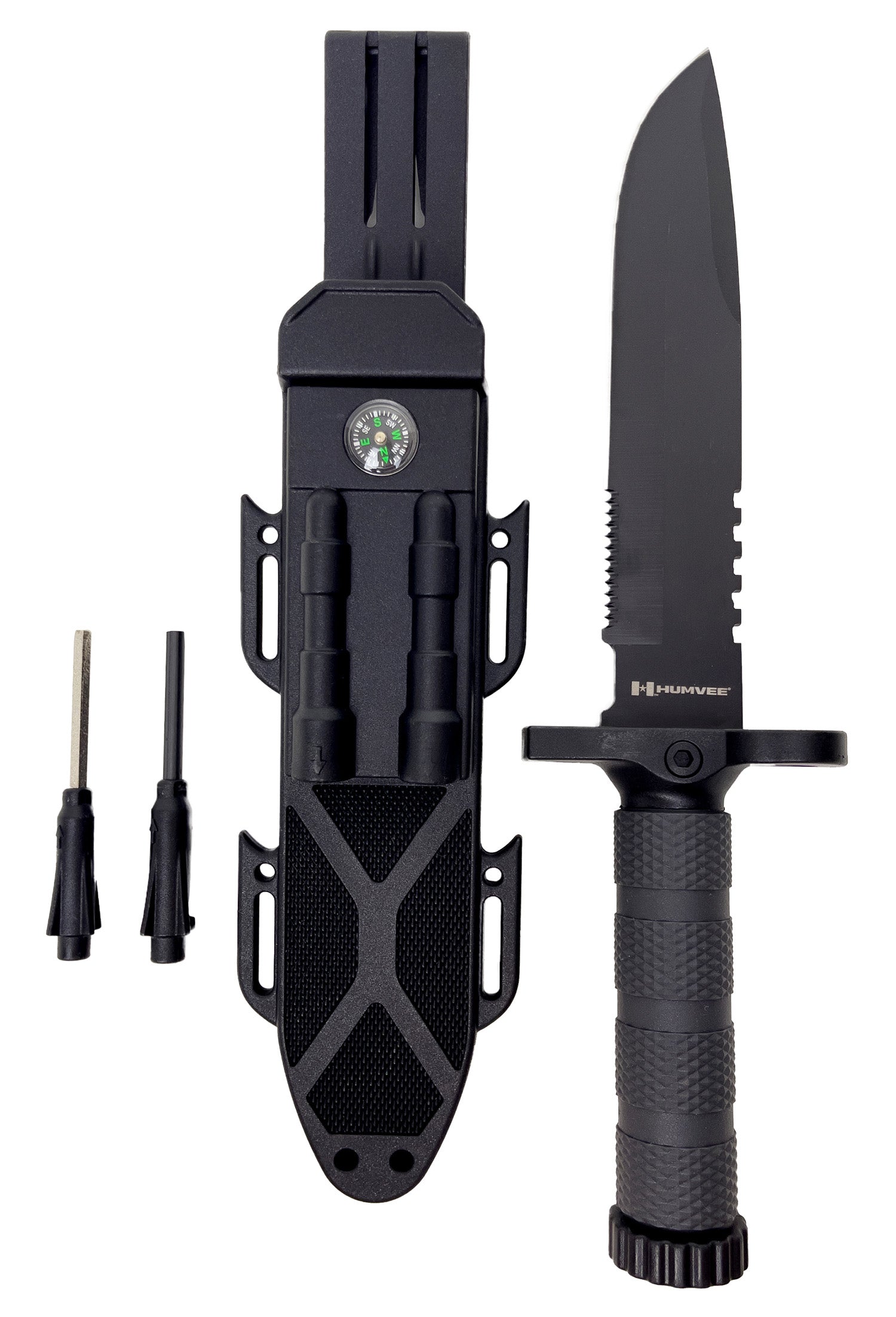 Humvee Adventure Gear HMVKFXB01 7.50" Fixed Sawback Black SS Blade Survival Knife OD Green Handle w/ Compass Sheath
