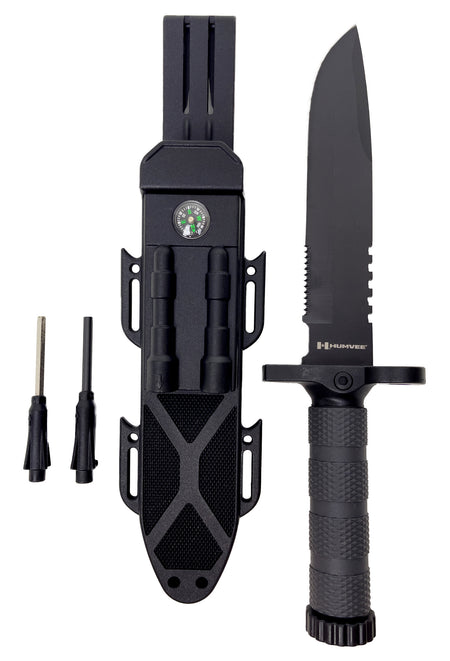Humvee Adventure Gear HMVKFXB01 7.50" Fixed Sawback Black SS Blade Survival Knife OD Green Handle w/ Compass Sheath