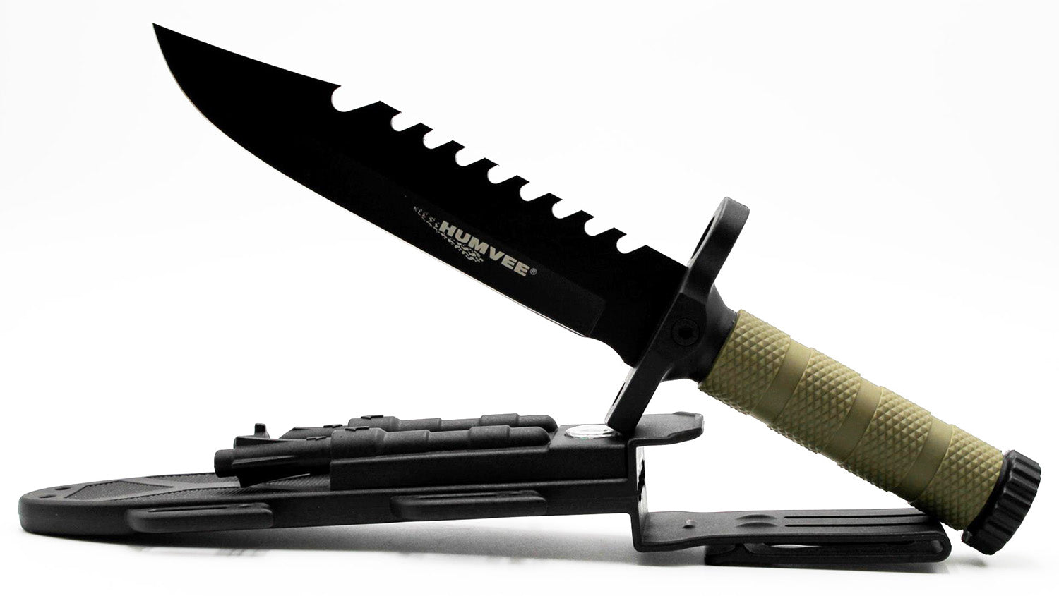 Humvee Adventure Gear HMVKFXB02 7.50" Fixed Sawback Black SS Blade Survival Knife Black Handle w/ Compass Sheath