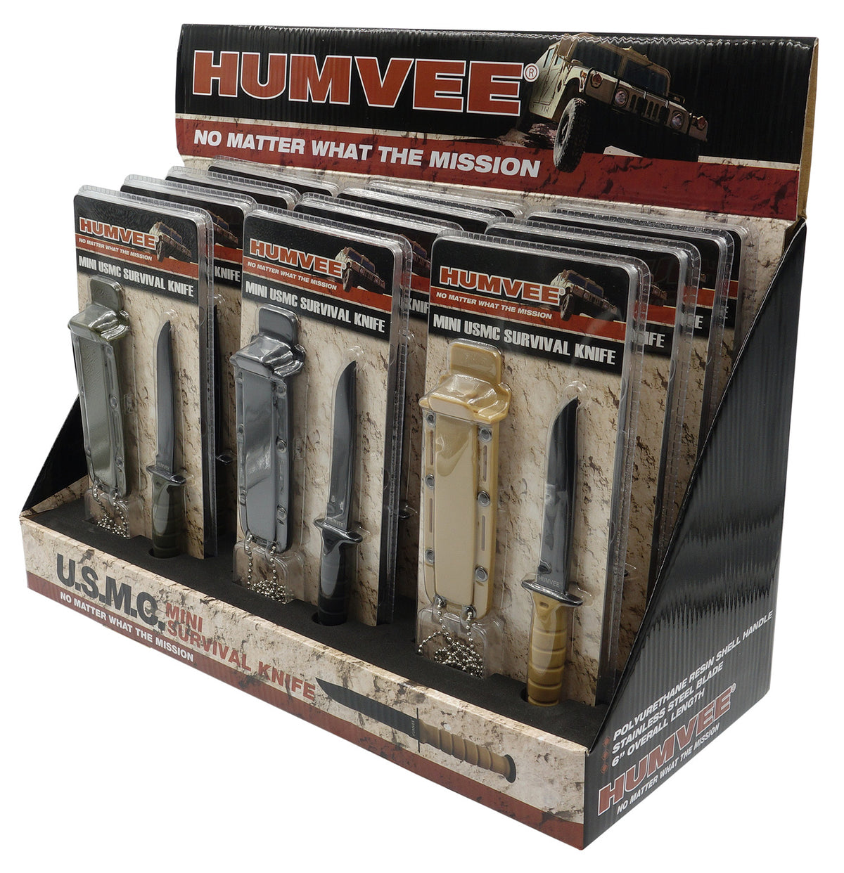 Humvee HMVDBUSMC 12-Piece USMC Combat Neck Knife Counter Display 3.5" Blades