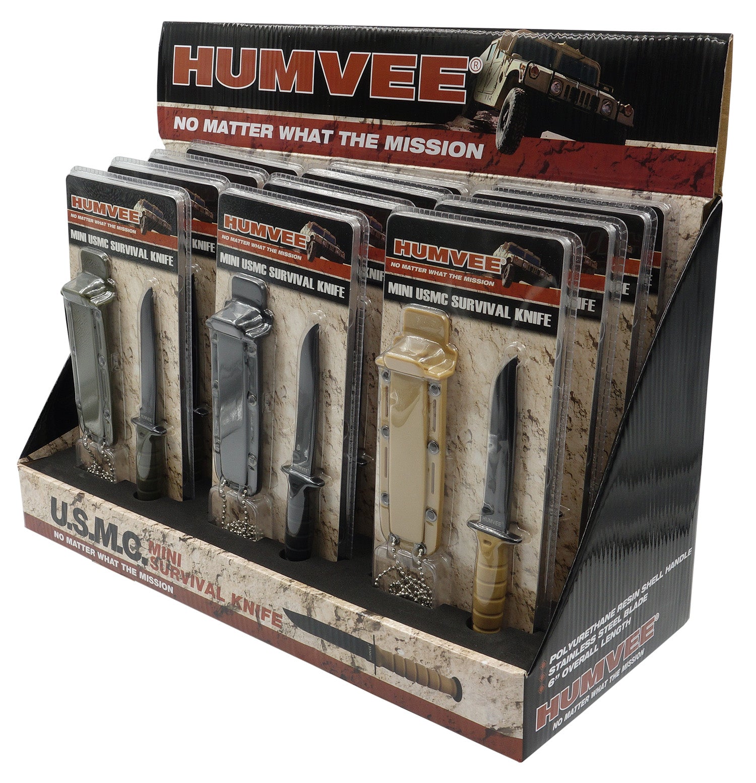 Humvee HMVDBUSMC 12-Piece USMC Combat Neck Knife Counter Display 3.5" Blades