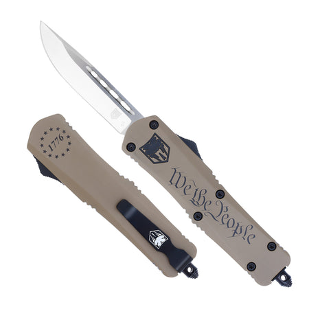 CobraTec FS-3 We The People Medium OTF 3" Drop Point D2 Steel Plain Blade Tan Cerakoted Handle Includes Glass Breaker