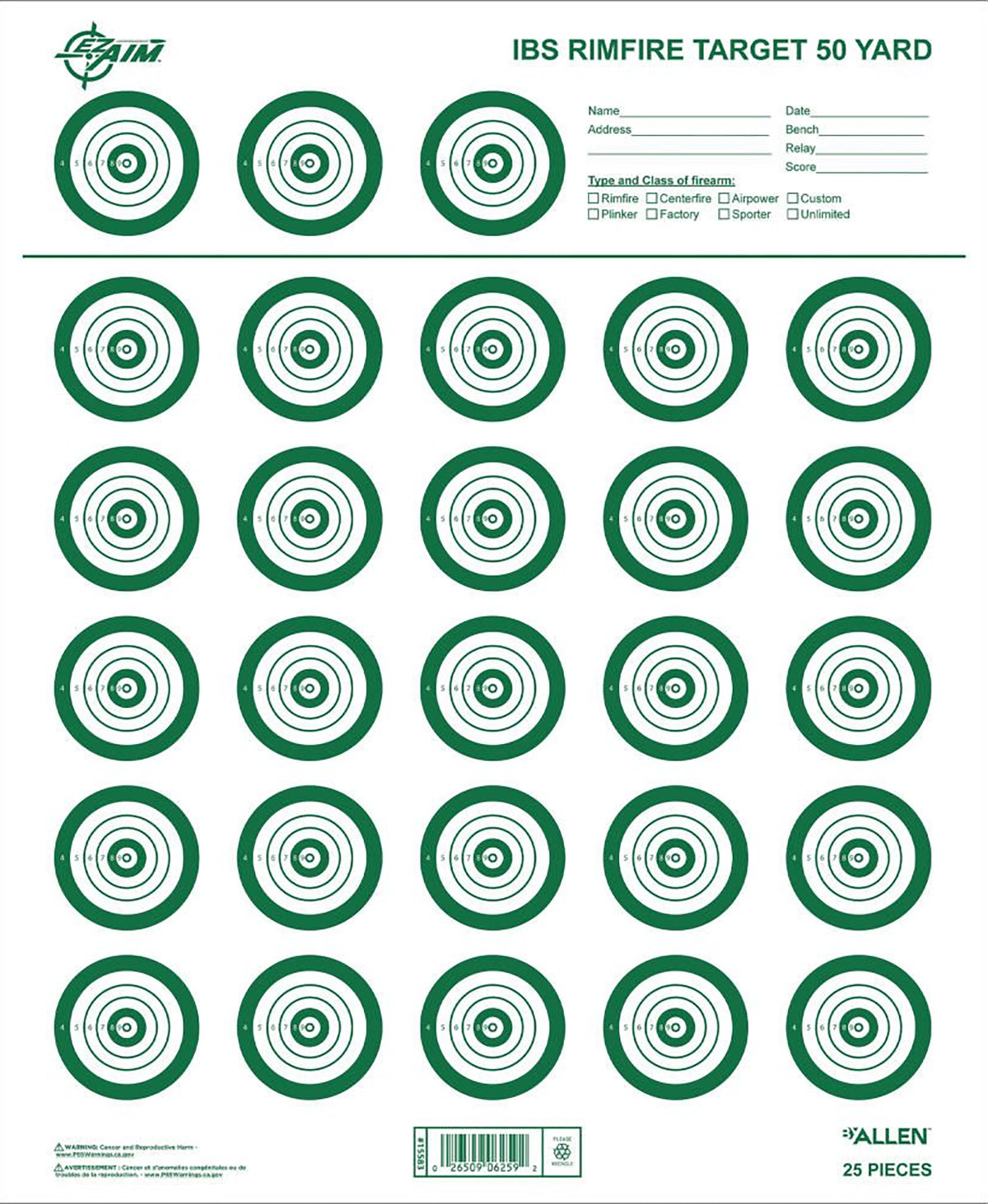 EZ-Aim 15582 Official IBS Rimfire Target Sheets, White and Green, Pack of 25