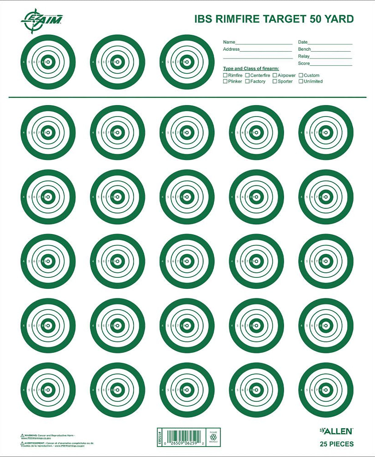 EZ-Aim 15582 Official IBS Rimfire Target Sheets, White and Green, Pack of 25