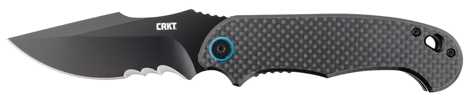 CRKT 7920K P.S.D. 3.63" Folding Recurve Serrated 4116 Stainless Black EDP Blade G10 Carbon Fiber Handle Blue Accent Clip