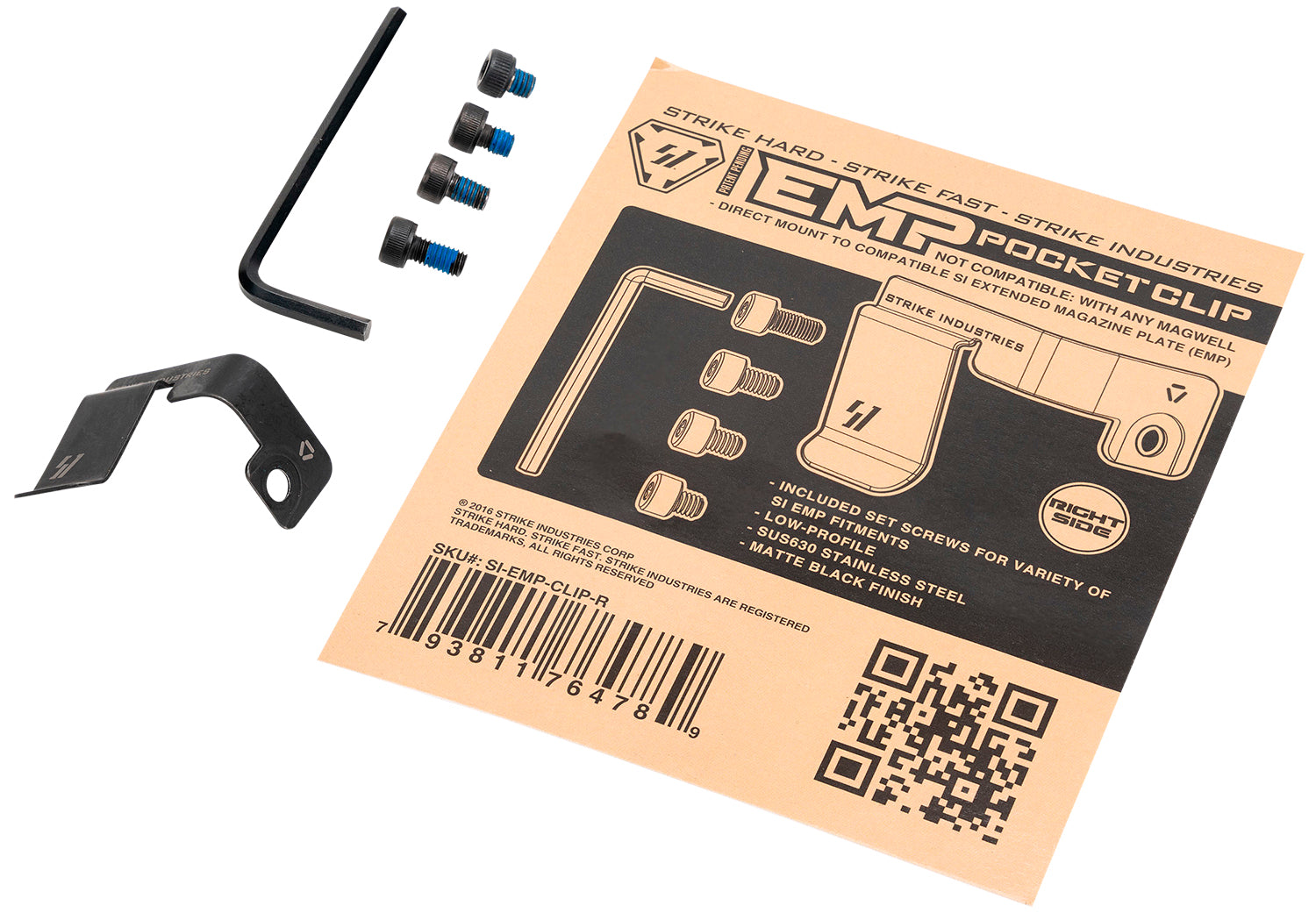Strike Industries EMPCLIPR Right Hand Pistol Mag Pocket Clip for EMP Extension Black Stainless Steel