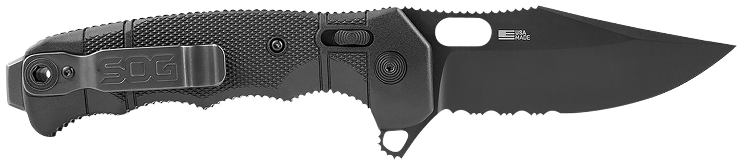 S.O.G SEAL XR Pocket Knife 3.90" Part Serrated Clip Point S35VN Stainless Blade Black Cerakote GRN Handle w/ Belt Clip