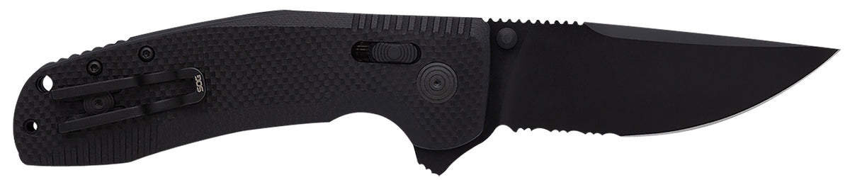 S.O.G SOG-TAC XR Tactical Folding Knife 3.39" Part Serrated Clip Point Cryo D2 Blade Blackout G10 Handle w/ Pocket Clip