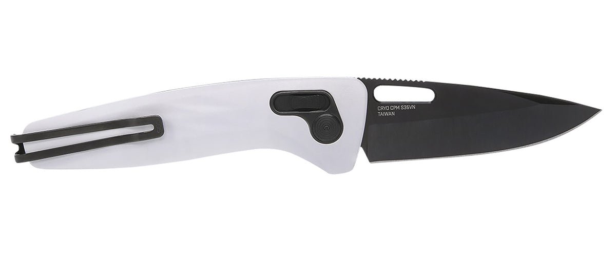 S.O.G One-Zero XR Premium Folding Knife 3.10" Black Chrome Cryo CPM S35VN Blade White Sculpted Aluminum Handle