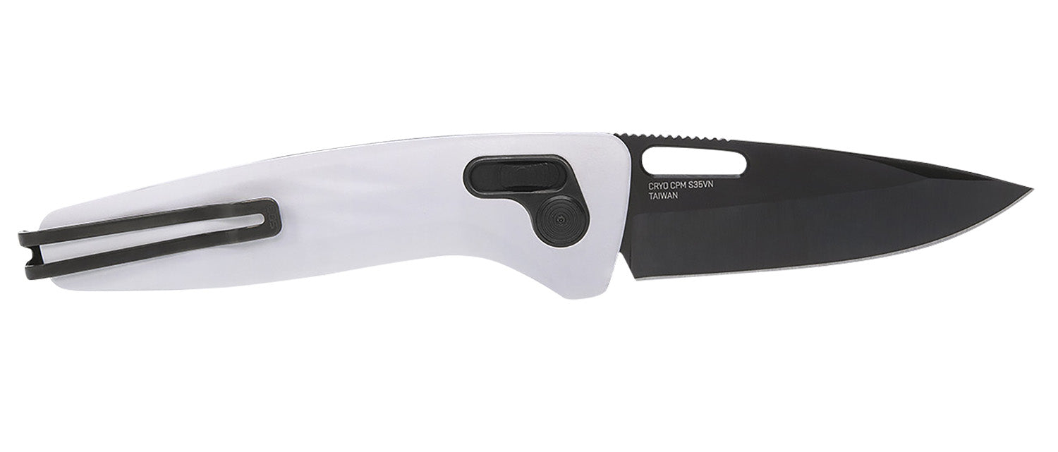 S.O.G One-Zero XR Premium Folding Knife 3.10" Black Chrome Cryo CPM S35VN Blade White Sculpted Aluminum Handle
