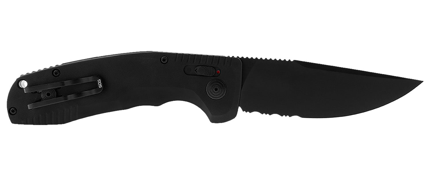 S.O.G SOG-TAC Auto 3.43" Folding Knife Part Serrated TiNi CRYO D2 Blade Black Anodized Aluminum Handle w/ Clip
