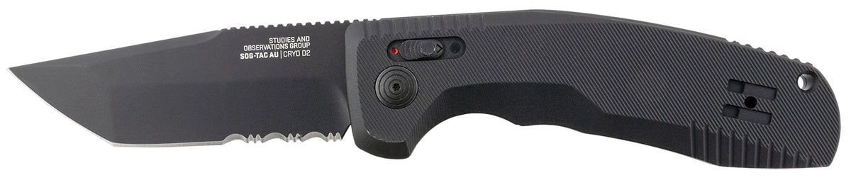 S.O.G SOG-TAC Auto 3.43" Folding Tanto Partially Serrated TiNi CRYO D2 Blade Black Anodized Aluminum Handle