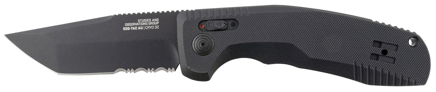 S.O.G SOG-TAC Auto 3.43" Folding Tanto Partially Serrated TiNi CRYO D2 Blade Black Anodized Aluminum Handle