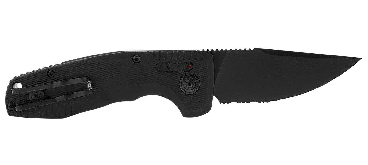 S.O.G SOG-TAC Auto Compact 2.94" Folding Knife Straight Back Partially Serrated TiNi D2 Blade Black Aluminum Handle