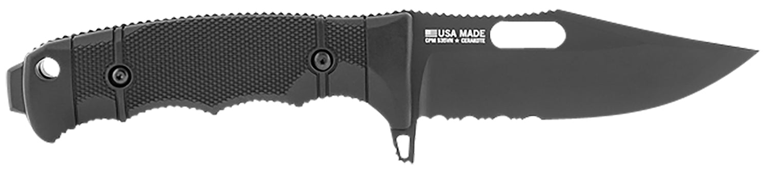 S.O.G Seal FX 4.30" Fixed Blade Knife Clip Point Part Serrated Black Cerakote S35VN SS Blade Black GRN Handle w/ Sheath